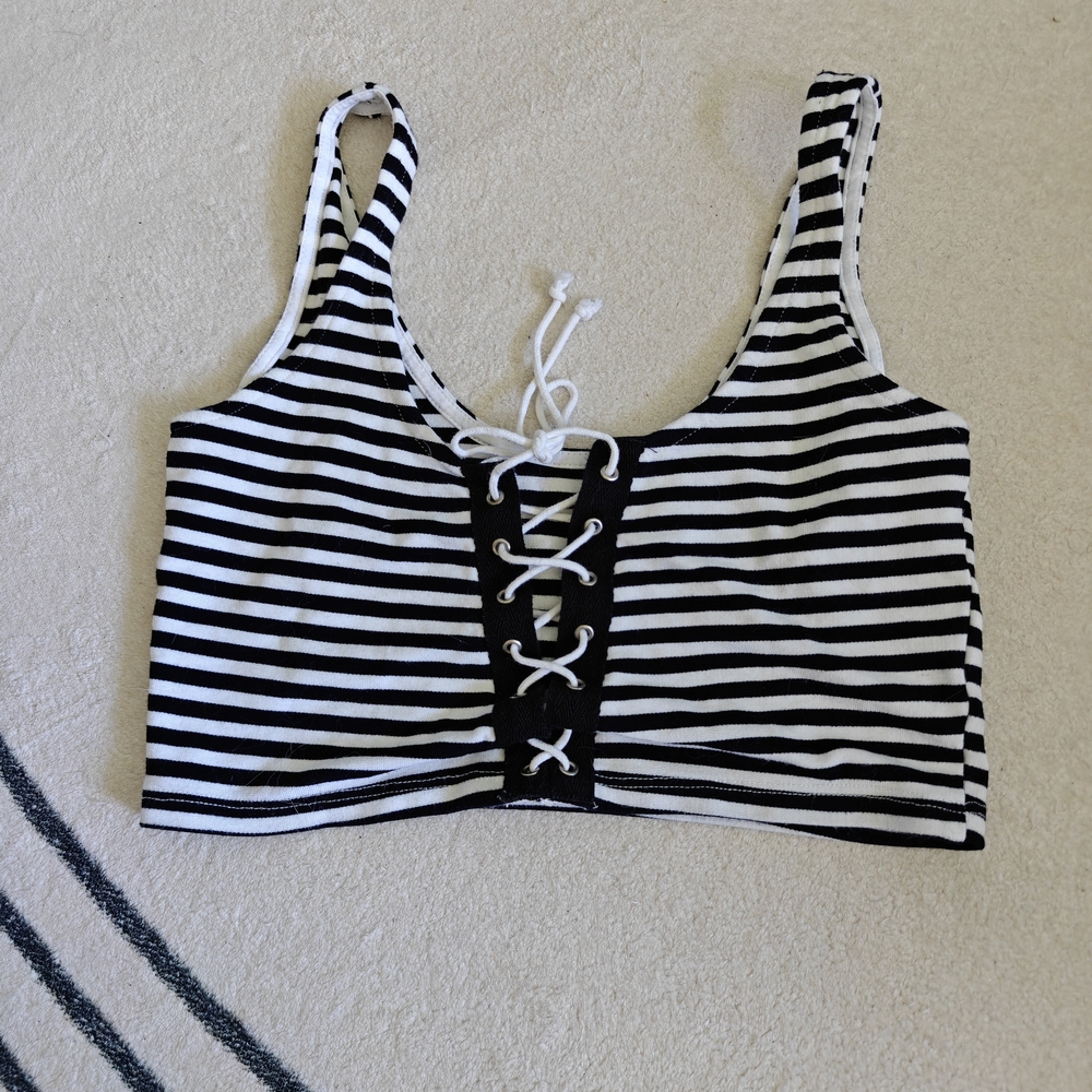 Topshop Blue and White Sleeveless Tie Front Crop Tank